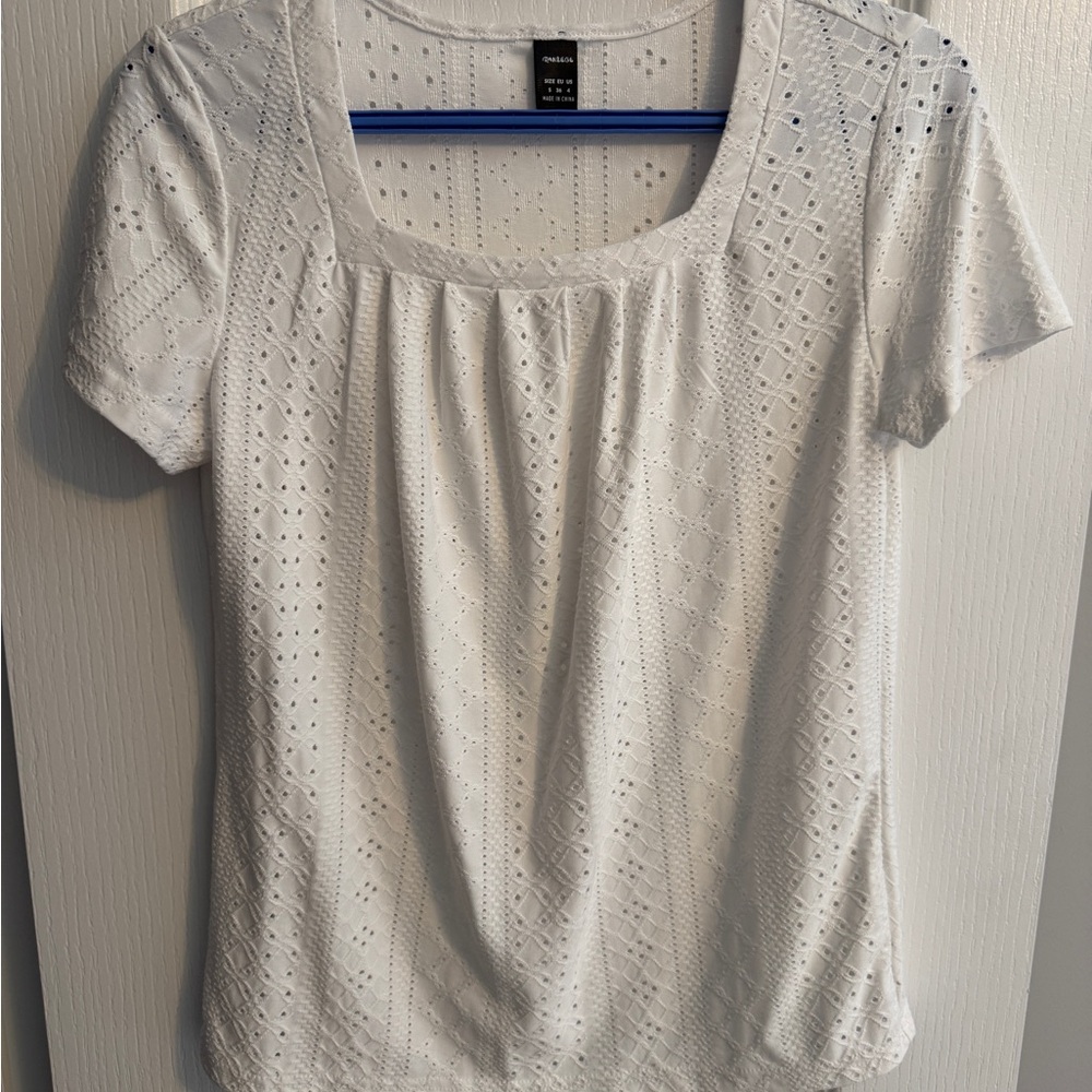 White Eyelet Scoop Neck Short Sleeve Blouse